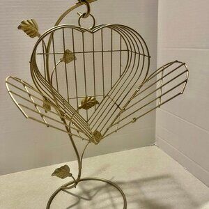 Vintage Brass Wire Heart Shaped Table Top Suspended Cage w/Vine 18” HOMEINTERIOR